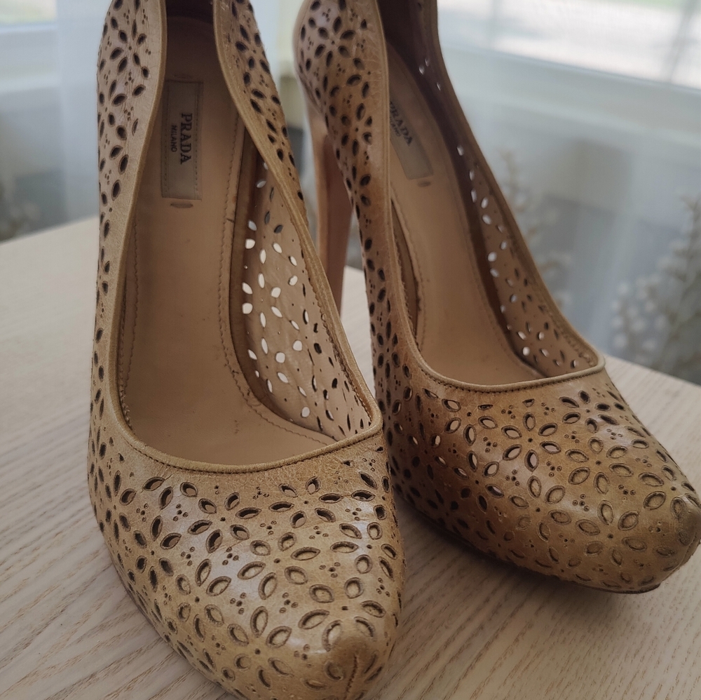Prada Women's Beige Cut-Out Leather Heels